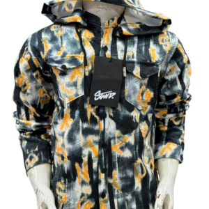 Boys Black & Grey Abstract Printed Hooded Button-Down Shirt